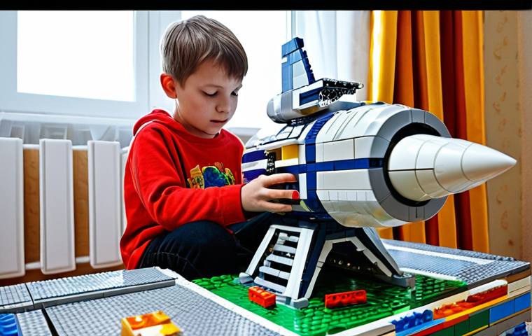 **Prompt:** A young boy in a typical Russian apartment, surrounded by colorful LEGO bricks, is intensely focused on building a futuristic spaceship. The room is filled with natural light, highlighting the intricate details of the LEGO model. Focus on the joy of creation and the boundless imagination of childhood. Use a style reminiscent of Russian realist painting.