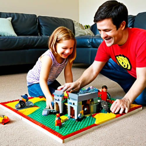 Home 17 A warm, inviting scene of a child and an adult (e.g., uncle/aunt or parent) enthusiastically building unique, imaginative LEGO creations together on a living room floor. Their hands are actively engaged, surrounded by a mix of colorful LEGO bricks and parts, some seemingly repurposed into fantastical structures like a whimsical "underwater spaceship" or a "secret superhero base." The focus is on their joyful expressions, shared creativity, and the act of free-building that goes "beyond the instructions," highlighting family bonding and the spark of imagination.