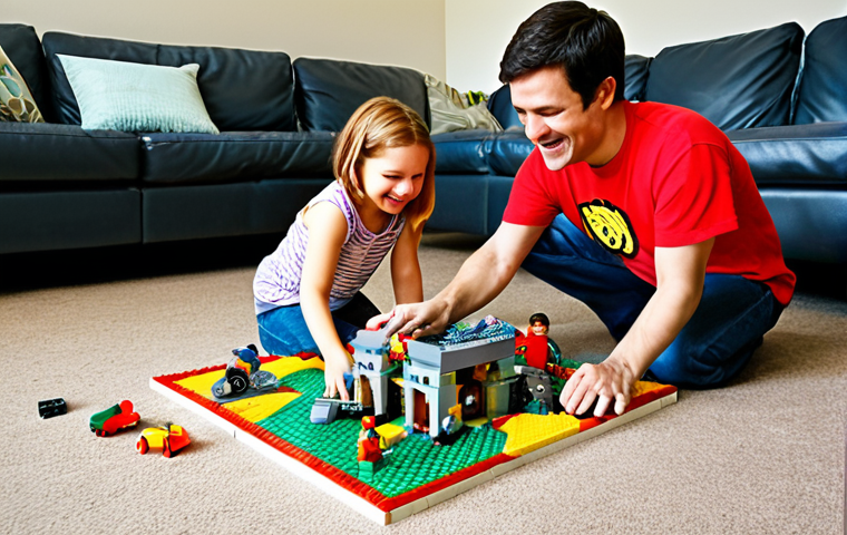 A warm, inviting scene of a child and an adult (e.g., uncle/aunt or parent) enthusiastically building unique, imaginative LEGO creations together on a living room floor. Their hands are actively engaged, surrounded by a mix of colorful LEGO bricks and parts, some seemingly repurposed into fantastical structures like a whimsical "underwater spaceship" or a "secret superhero base." The focus is on their joyful expressions, shared creativity, and the act of free-building that goes "beyond the instructions," highlighting family bonding and the spark of imagination.