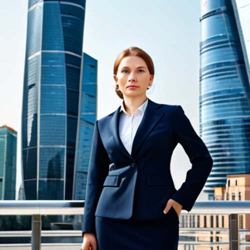 Home 10 ** A professional businesswoman in a modest, tailored business suit, standing confidently in front of the Moscow City skyscrapers. Fully clothed, appropriate attire, safe for work, perfect anatomy, natural proportions, professional corporate photography, high quality, daytime.
**