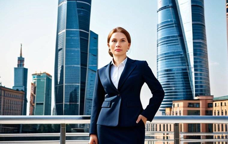 ** A professional businesswoman in a modest, tailored business suit, standing confidently in front of the Moscow City skyscrapers. Fully clothed, appropriate attire, safe for work, perfect anatomy, natural proportions, professional corporate photography, high quality, daytime.

**