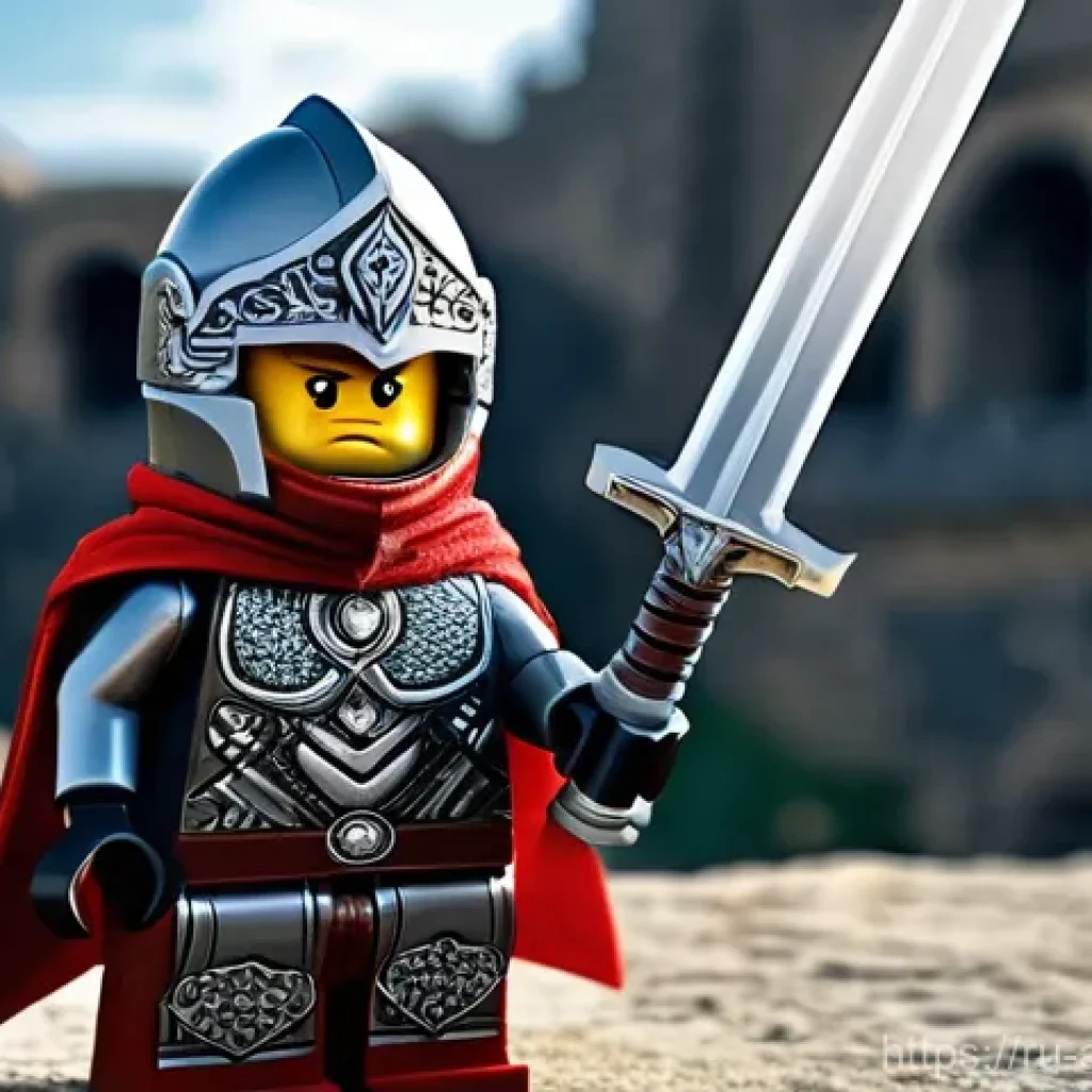 레고 브릭으로 만든 캐릭터 팬아트 - **A highly detailed LEGO MOC (My Own Creation) of a fantasy warrior hero, standing proudly. The warr...