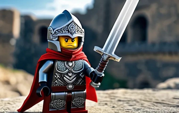 레고 브릭으로 만든 캐릭터 팬아트 - **A highly detailed LEGO MOC (My Own Creation) of a fantasy warrior hero, standing proudly. The warr...