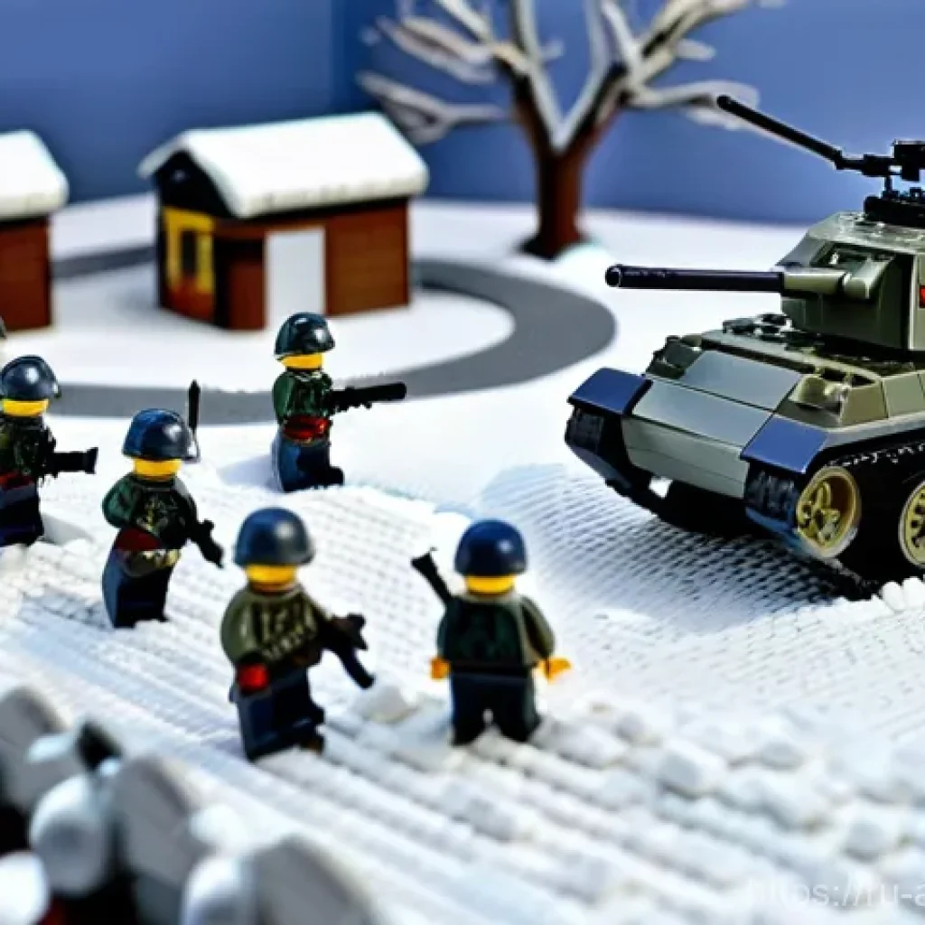 레고로 재현한 유명 전투 장면 - **Prompt:** A sprawling, highly detailed LEGO diorama depicting a fierce battle on the Eastern Front...