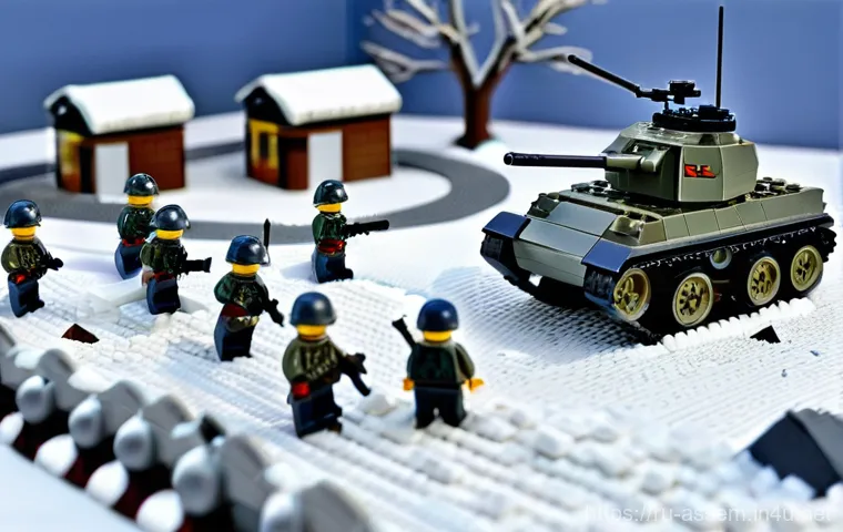 레고로 재현한 유명 전투 장면 - **Prompt:** A sprawling, highly detailed LEGO diorama depicting a fierce battle on the Eastern Front...