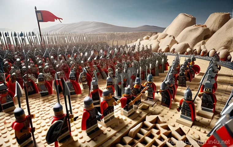 레고로 재현한 유명 전투 장면 - **Prompt:** A dynamic, multi-layered LEGO diorama depicting a futuristic skirmish within a dense, al...