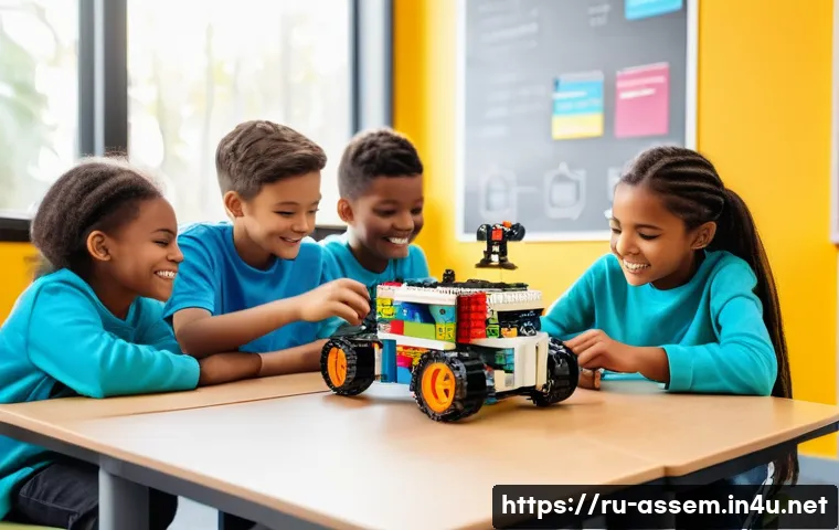 레고와 스팀 교육의 연관성 - A diverse group of children aged around 8-12 years old enthusiastically building a complex Lego robo...