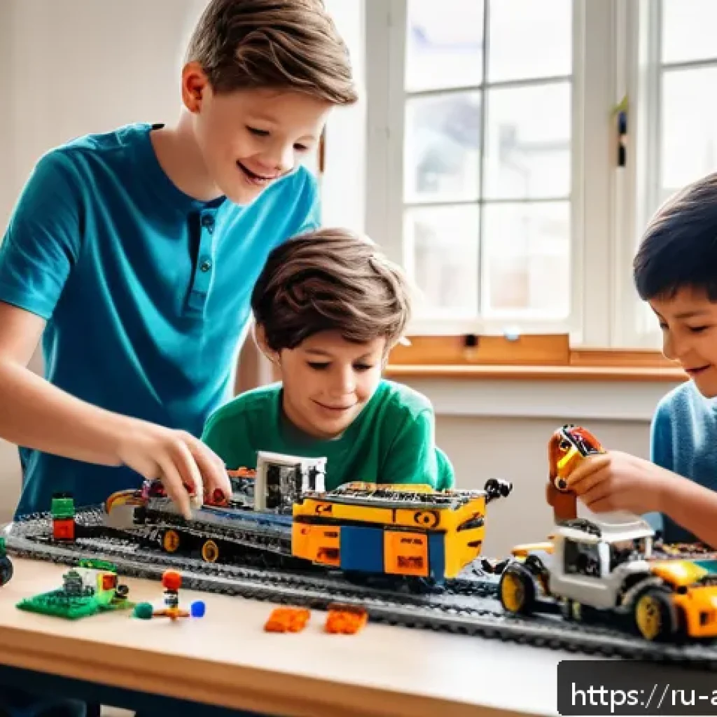 레고와 연계된 STEM 프로그램 - A group of children aged 9 to 12 enthusiastically building a LEGO Technic model in a bright, organiz...