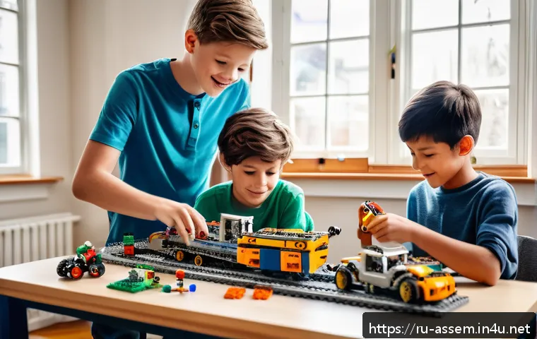 레고와 연계된 STEM 프로그램 - A group of children aged 9 to 12 enthusiastically building a LEGO Technic model in a bright, organiz...