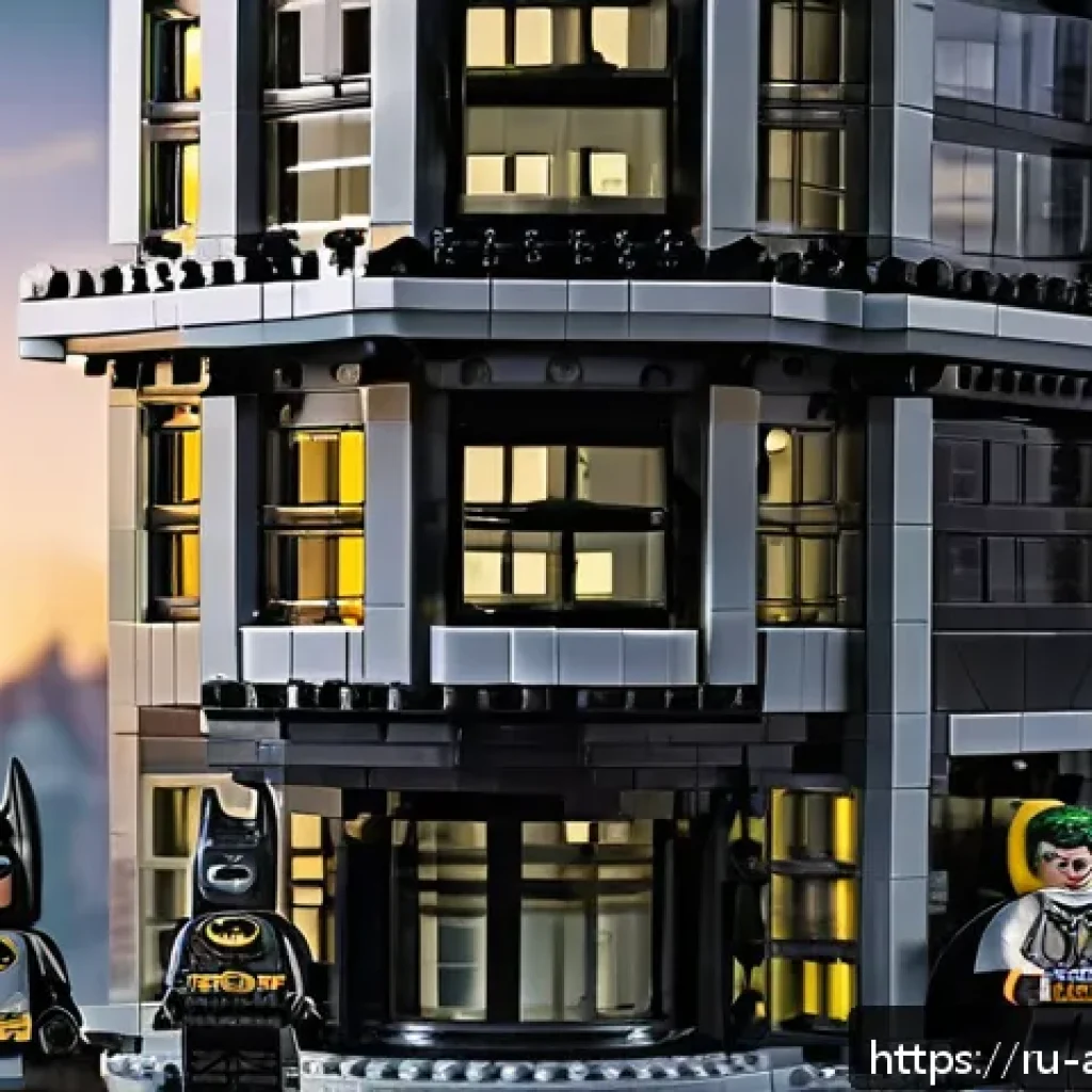 레고 배트맨 무비 세트 - A highly detailed LEGO Batman Gotham City scene featuring the Bat-Signal tower with realistic textur...