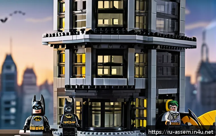 레고 배트맨 무비 세트 - A highly detailed LEGO Batman Gotham City scene featuring the Bat-Signal tower with realistic textur...