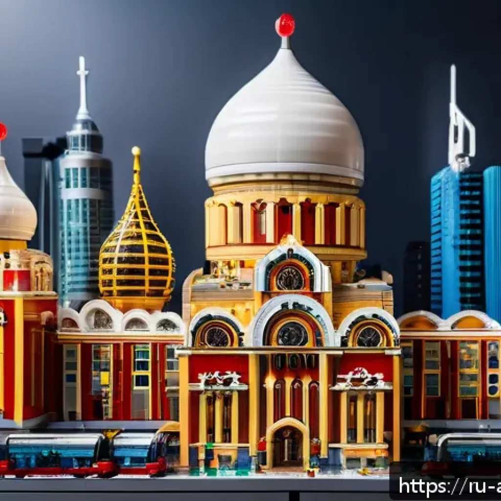 레고 창의력 대회의 심사 기준 - A highly original LEGO diorama depicting a futuristic Moscow cityscape at sunset, blending tradition...