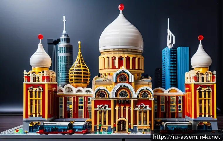 레고 창의력 대회의 심사 기준 - A highly original LEGO diorama depicting a futuristic Moscow cityscape at sunset, blending tradition...