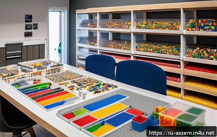 레고로 만든 유명 건축물 - A detailed architectural scale model workshop scene featuring a skilled builder organizing colorful ...