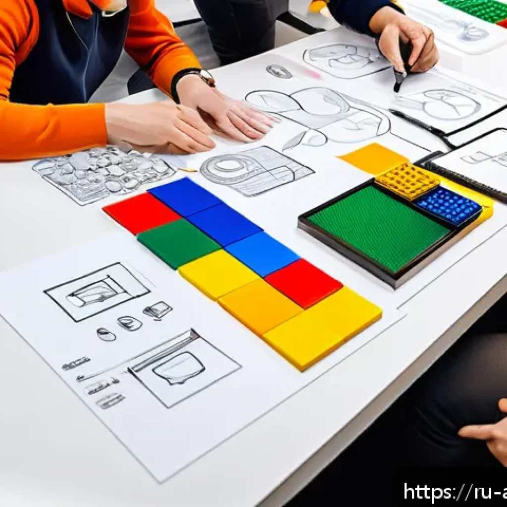 레고 제작자의 인터뷰 - A creative LEGO design studio scene showing a diverse team of designers and engineers brainstorming ...