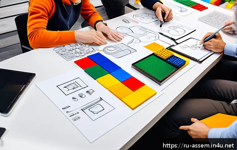 레고 제작자의 인터뷰 - A creative LEGO design studio scene showing a diverse team of designers and engineers brainstorming ...