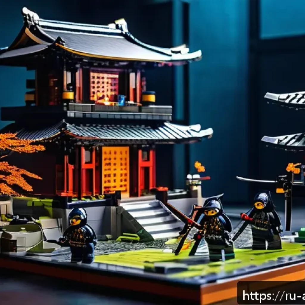 레고 닌자고 시리즈 - A highly detailed LEGO ninja squad in action on a multi-level shadow fortress, featuring intricate a...