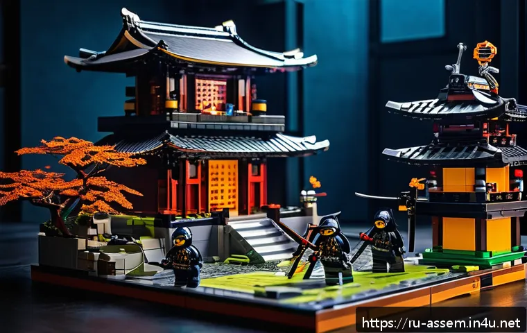 레고 닌자고 시리즈 - A highly detailed LEGO ninja squad in action on a multi-level shadow fortress, featuring intricate a...