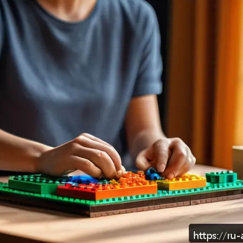 레고 조립의 스트레스 해소 효과 - A cozy indoor scene featuring an adult calmly building a colorful LEGO set on a wooden table in a so...