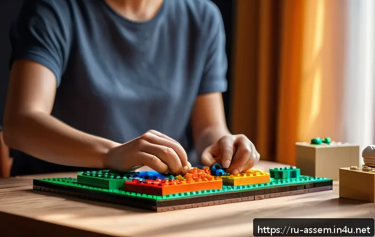 레고 조립의 스트레스 해소 효과 - A cozy indoor scene featuring an adult calmly building a colorful LEGO set on a wooden table in a so...