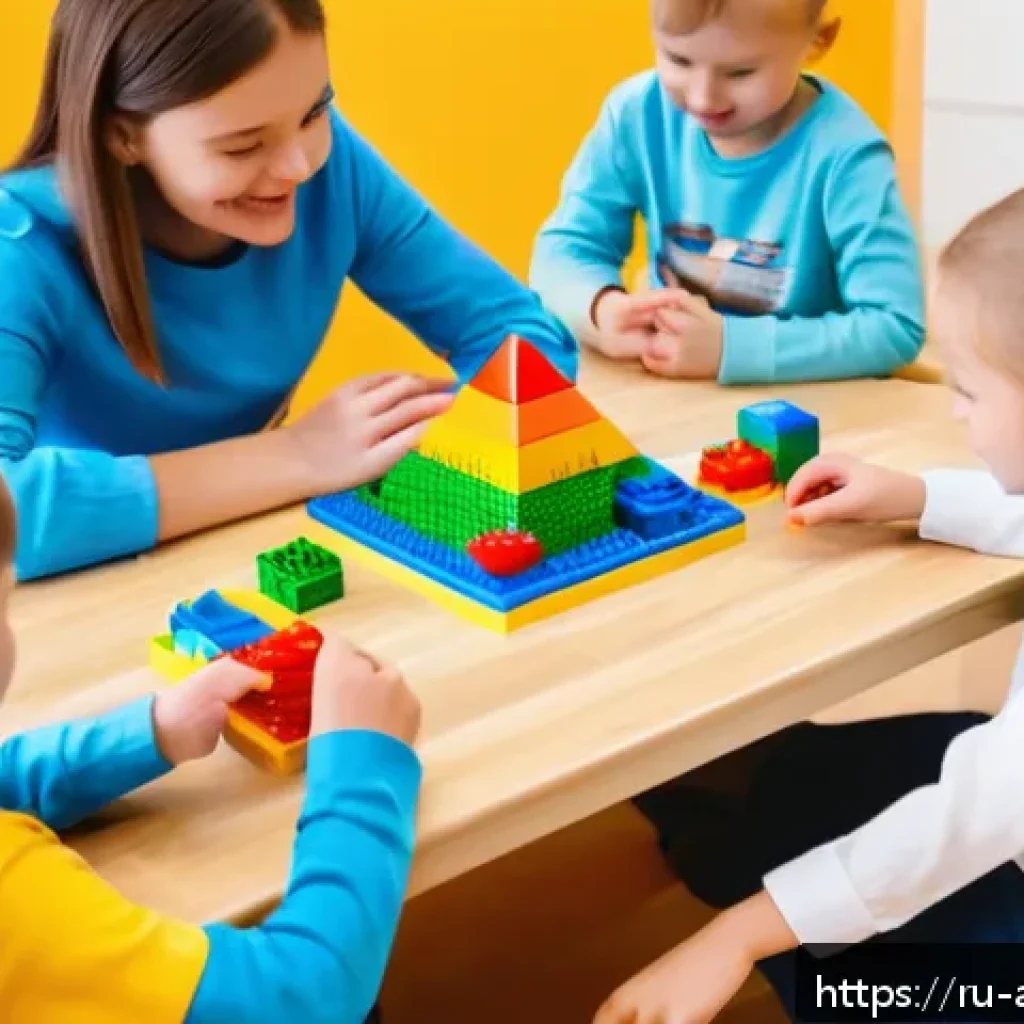 레고로 배운 기하학 - A bright and cheerful classroom scene where young Russian children, wearing casual clothes and sitti...