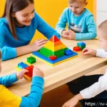 Home 22 레고로 배운 기하학 - A bright and cheerful classroom scene where young Russian children, wearing casual clothes and sitti...