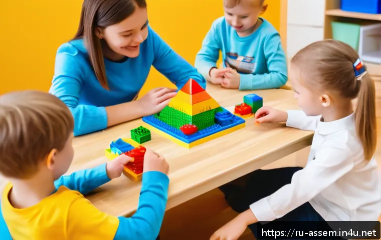 레고로 배운 기하학 - A bright and cheerful classroom scene where young Russian children, wearing casual clothes and sitti...