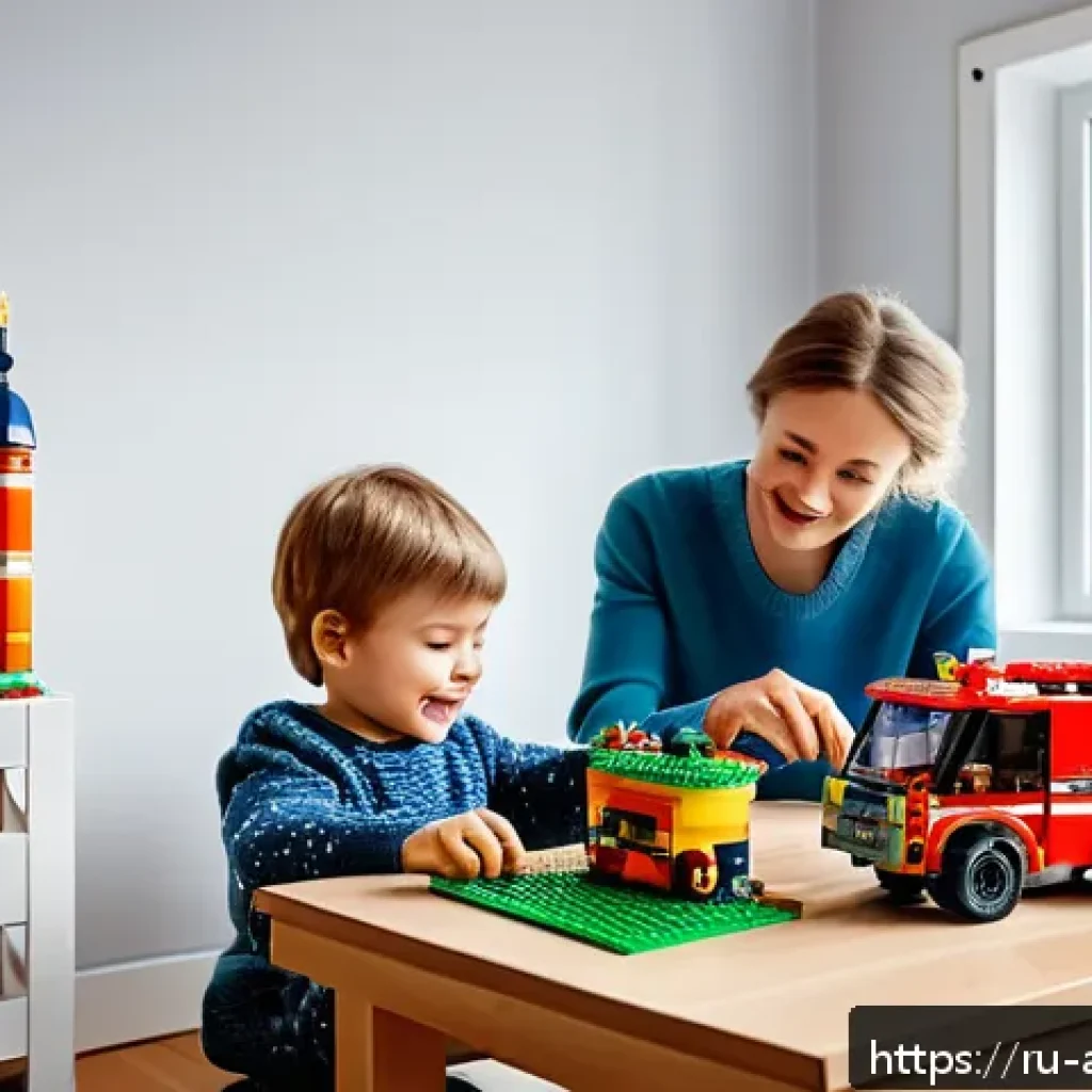 레고 구매 가이드와 추천 앱 - A cozy indoor scene of a Russian family living room with a dedicated LEGO building corner: a small w...