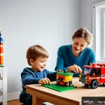 Home 21 레고 구매 가이드와 추천 앱 - A cozy indoor scene of a Russian family living room with a dedicated LEGO building corner: a small w...