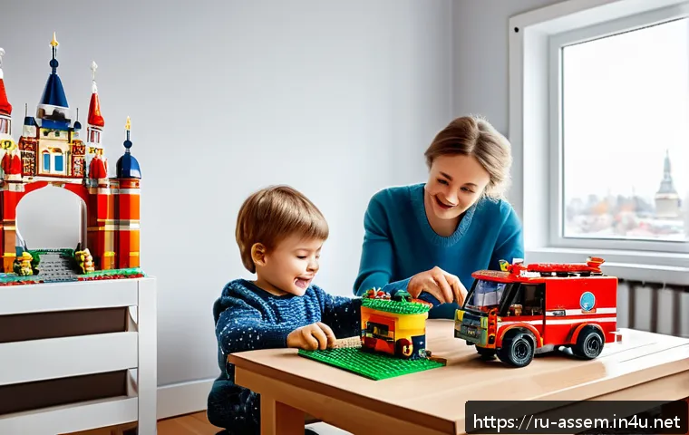 레고 구매 가이드와 추천 앱 - A cozy indoor scene of a Russian family living room with a dedicated LEGO building corner: a small w...