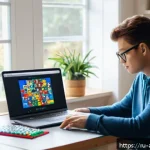 Home 20 레고 할인 코드 적용 방법 - A cozy home office scene featuring a young adult browsing official LEGO websites and promotional ema...