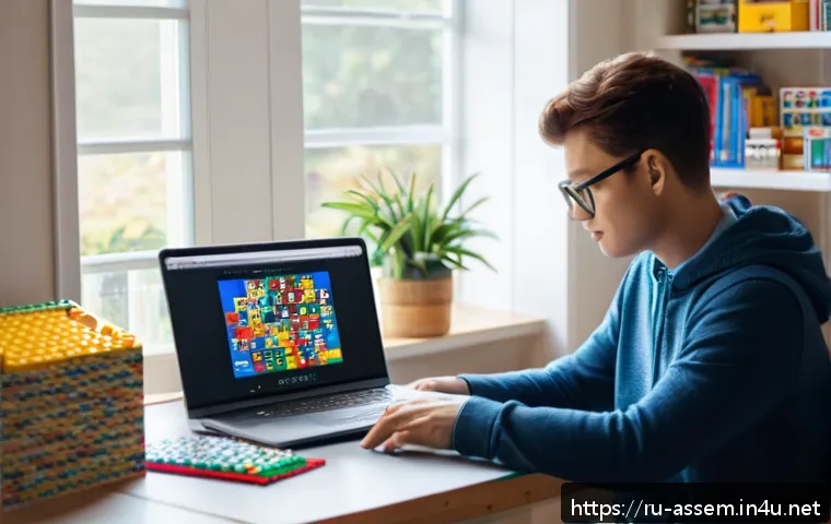 레고 할인 코드 적용 방법 - A cozy home office scene featuring a young adult browsing official LEGO websites and promotional ema...