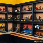 Home 23 레고 컬렉션의 재판매 시장 현황 - A detailed scene of a Russian collector’s room filled with rare and limited-edition LEGO sets displa...