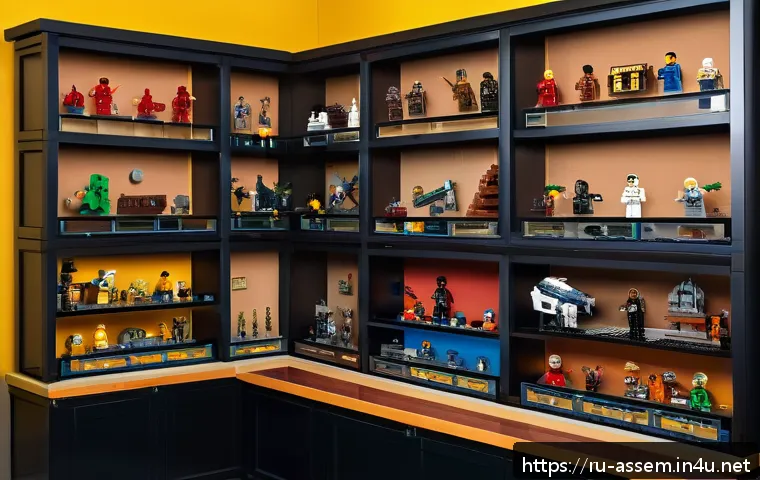 레고 컬렉션의 재판매 시장 현황 - A detailed scene of a Russian collector’s room filled with rare and limited-edition LEGO sets displa...