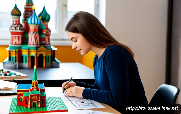 레고 제작 관련 직업 정보 - Photorealistic editorial scene of a Russian toy construction designer at work in a bright Moscow cre...
