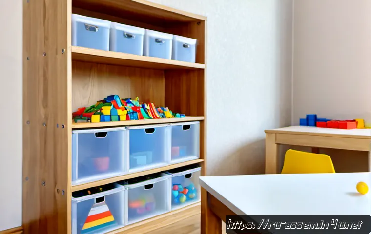 Home 17 레고 수납 아이디어 - Photorealistic cozy Russian family apartment playroom, a low wooden shelving unit with clear labeled...