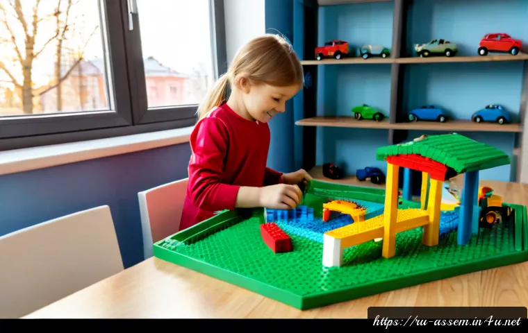 레고를 활용한 창작 놀이 방법 - Photorealistic cozy family apartment playroom in Russia, an elementary-school child and a parent col...