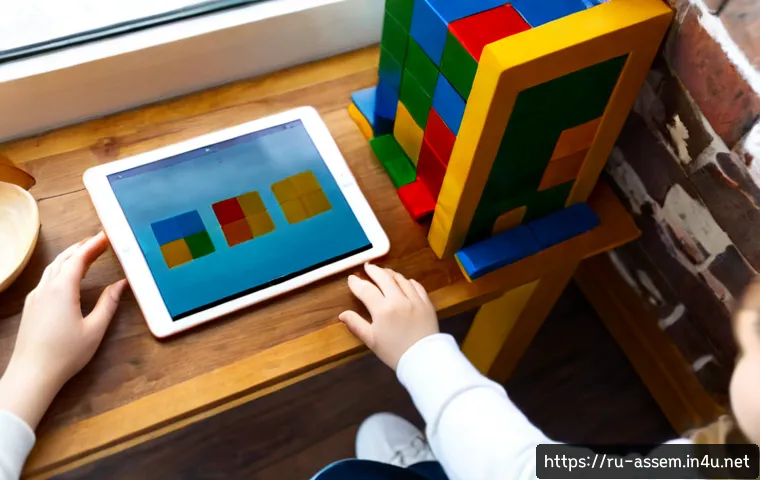 Home 17 레고 창작 앱 활용법 - Photorealistic overhead view of a Russian family kitchen table where a child and parent use a tablet...