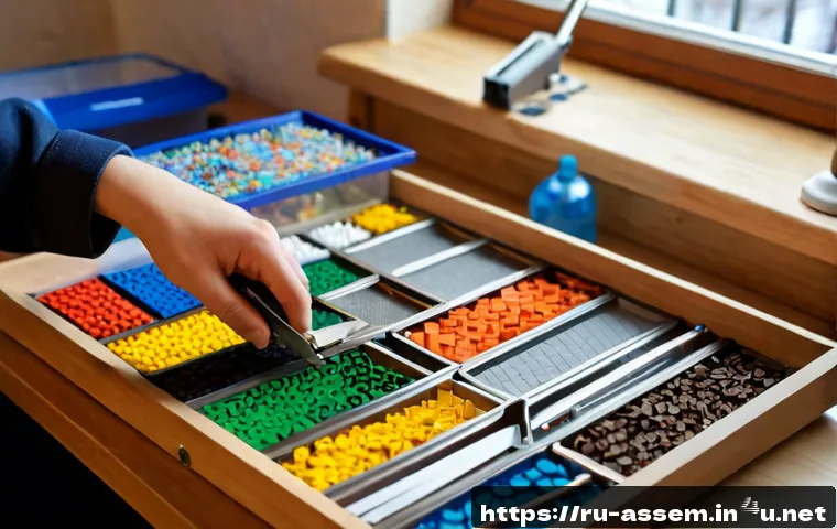 Home 17 레고 마니아들을 위한 액세서리 - Photorealistic close-up of organized construction brick hobby accessories on a clean wooden workbenc...